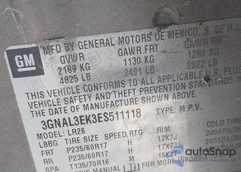 2014 Chevrolet Captiva Sport Lt z USA, uszkodzony, nr VIN 3GNAL3EK3ES511118